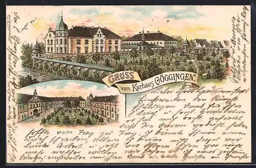 Lithographie Göggingen / Augsburg, Kurhaus mit Parkanlage um 1900