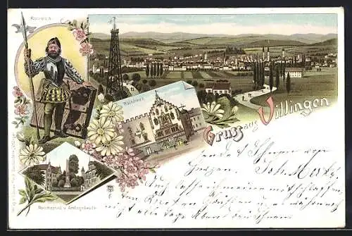 Lithographie Villingen / Baden, Ritter Romeius, Rathhaus, Ortsansicht