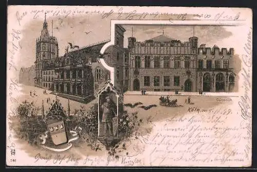 Lithographie Köln, Rathaus, Gürzenich, Wappen