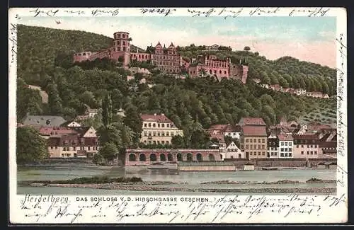 Lithographie Heidelberg, Das Schloss von der Hirschgasse gesehen