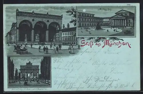 Mondschein-Lithographie München, Feldherrn-Halle, Residenz-Platz, Sieges-Thor