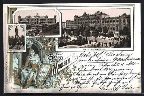 Lithographie München, Maximilianeum, König Max II. Monument, Nationalmuseum