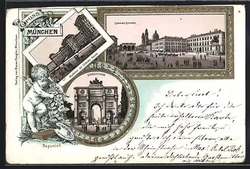 Lithographie München, Ludwigs-Strasse, Akademie der bildenden Künste, Siegesthor