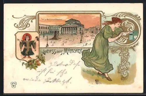 Künstler-AK München, Hof- und Nationaltheater, Frau am Postkasten