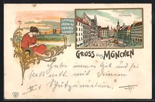 Lithographie München, Der Marienplatz, Jugendstil-Passepartout mit lesender Frau