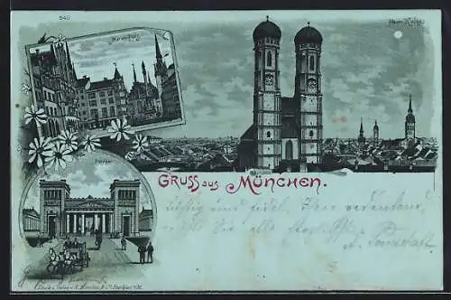 Mondschein-Lithographie München, Marien-Platz, Frauenkirche, Propyläen