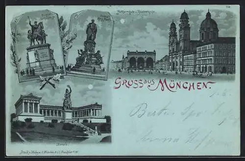 Mondschein-Lithographie München, Feldherrnhalle und Theatinerkirche, Denkmal König Max II., Denkmal König Ludwig I.