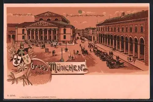 Lithographie München, Hof- und Nationaltheater, Max Josephplatz und Maximilianstrasse im Sonnenschein