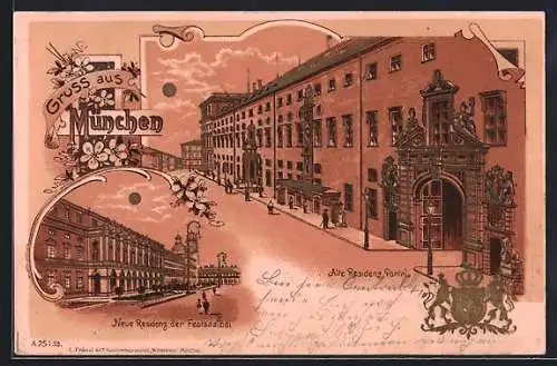 Lithographie München, Portal der Alten Residenz, Neue Residenz, der Festsaalbau