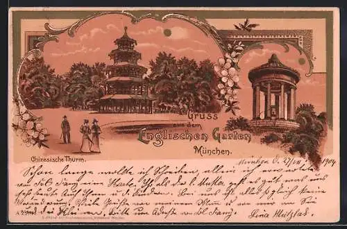 Lithographie München-Schwabing, Der chinesische Turm im englischen Garten, Leute
