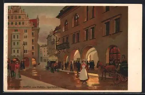 Lithographie München, Partie am Platzl mit Gasthof Hofbräuhaus