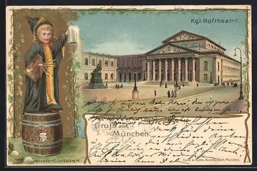 Lithographie München, Das Kgl. Hoftheater, Passepartout mit Münchener Kindl