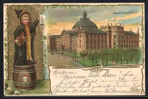 Lithographie München, Der Justizpalast, Passepartout mit Münchner Kindl