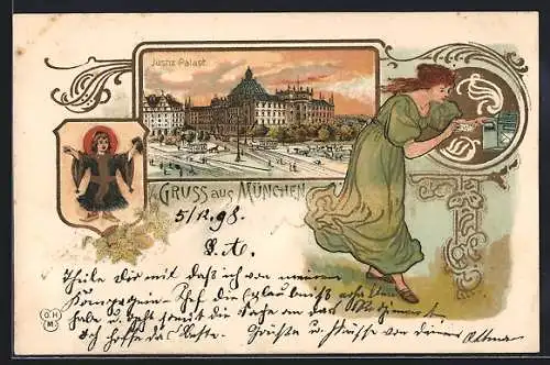 Lithographie München, Der Justizpalast, Passepartout im Jugendstil mit junger Frau mit Brief, Münchener Wappen