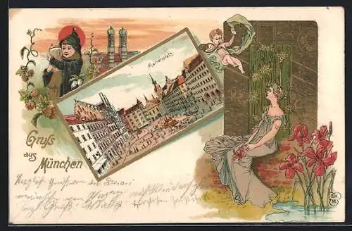 Lithographie München, Marienplatz, Münchner Kindl, Maid am Teich