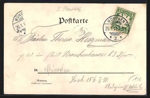 Lithographie München, Marienplatz, Münchner Kindl, Maid am Teich