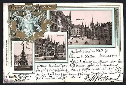 Lithographie München, Marienplatz, neues Rathaus, Fischbrunnen, Passepartout mit Christkind