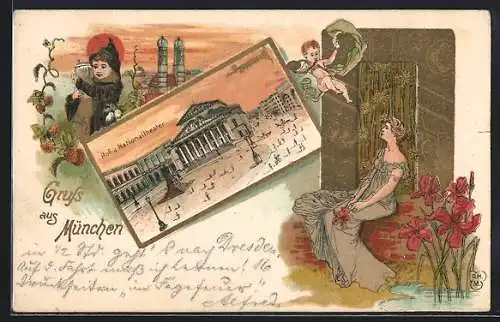 Passepartout-Lithographie München, Hof- u. Nationaltheater, Münchner Kindl mit Bierkrug