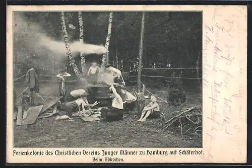 AK Appen / Pinneberg, Ferienkolonie Schäferhof des Christlichen Vereins Junger Männer, Beim Abkochen