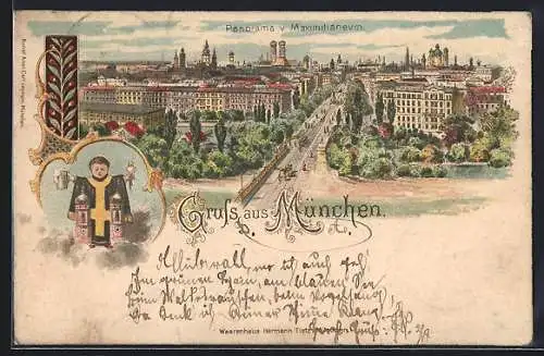 Lithographie München, Stadtpanorama vom Maximilianeum aus, Münchner Kindl