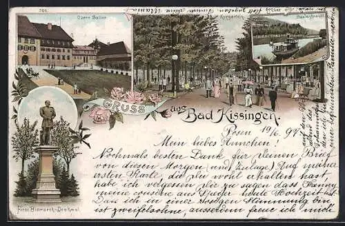 Lithographie Bad Kissingen, Obere Saline, Fürst Bismarck-Denkmal, Kurgarten, Saale-Ansicht