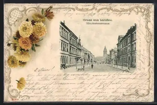 Lithographie Landau / Pfalz, Partie an der Westbahnstrasse, Passepartout mit gelben Blüten