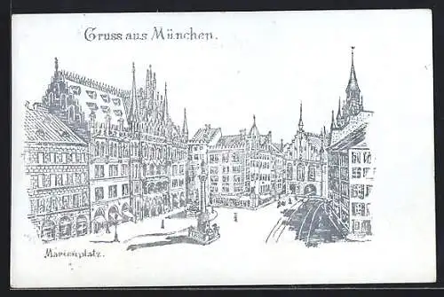 Lithographie München, Blick auf den Marienplatz