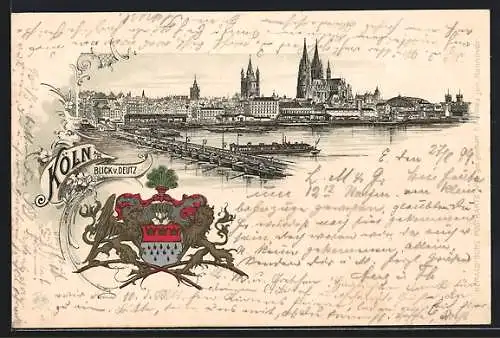 Lithographie Köln, Rheinpartie mit Dampfer und Stadtansicht vom Rhein aus