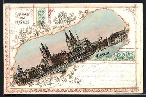 Lithographie Köln, Uferpartie mit Kirche, Passepartout