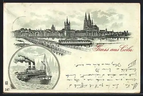 Lithographie Cöln, Rheinpartie mit Stadtpanorama und Dampfschiff