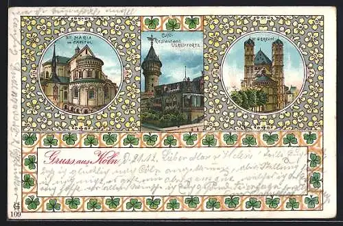 Lithographie Köln, Café Restaurant Ulrepforte, St. Maria im Capitol und St. Gereon