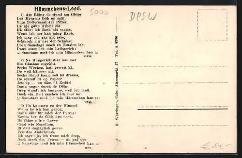Künstler-AK Köln, Szene im Gasthaus, Lidtext Hammchens-Leed von Ludw. Schmitz