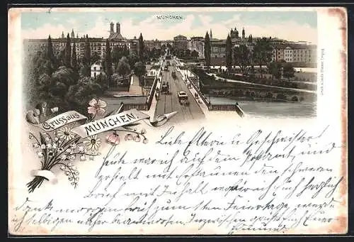 Lithographie München, Brücke mit Kutschen