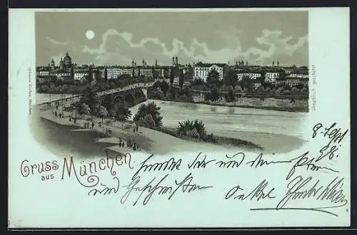 Mondschein-Lithographie München, Flusspartie mit Brücke