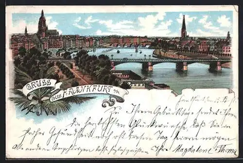 Lithographie Frankfurt, Gesamtansicht mit Mainbrücken, Strassenpartie und Dom