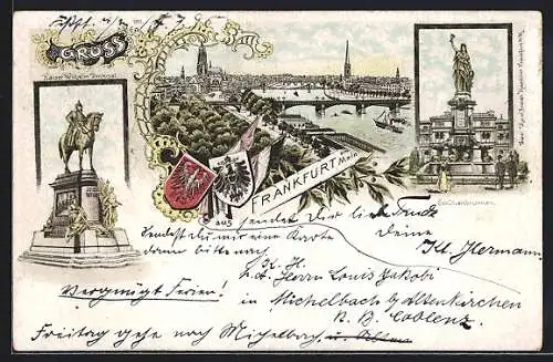 Lithographie Frankfurt a. M., Schützenbrunnen, Kaiser Wilhelm Denkmal und Stadtpanorama