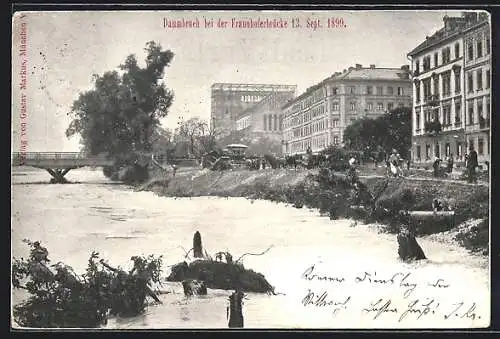 AK München, Dammbruch bei der Fraunhoferbrücke 1899, Unwetter