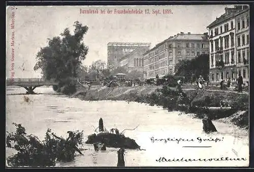 AK München, Dammbruch bei der Fraunhoferbrücke 1899, Unwetter