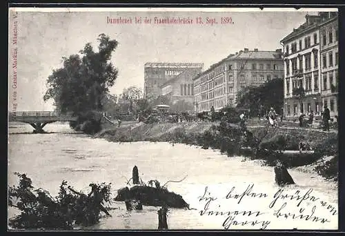 AK München, Dammbruch bei der Fraunhoferbrücke 1899, Unwetter