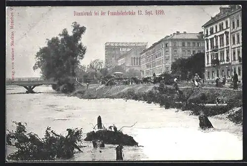 AK München, Dammbruch bei der Fraunhoferbrücke 1899, Unwetter