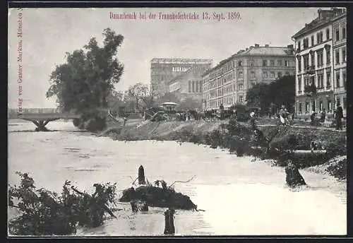 AK München, Dammbruch bei der Fraunhoferbrücke 1899, Unwetter