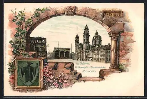 Passepartout-Lithographie München, Theatinerkirche am Odeonsplatz, Wappen