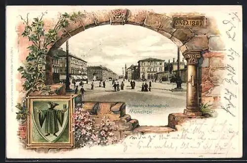 Passepartout-Lithographie München, Odeonsplatz u. Ludwigstrasse, Wappen