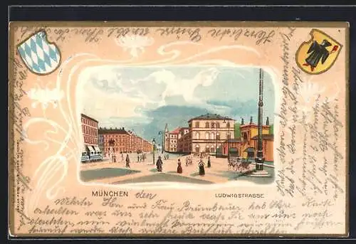 Passepartout-Lithographie München, Belebte Szene an der Ludwigstrasse, Stadt- und Landeswappen