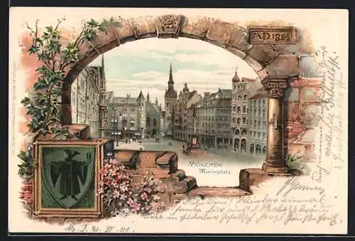 Passepartout-Lithographie München, Marienplatz, Wappen