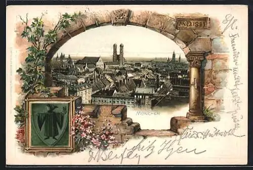 Passepartout-Lithographie München, Teilansicht mit Frauenkirche, Wappen mit Münchner Kindl