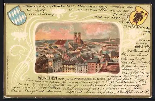 Passepartout-Lithographie München, Blick v. d. Protest. Kirche, geprägte Wappen