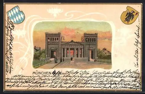 Passepartout-Lithographie München, Propyläen im Abendlicht, Wappen