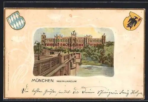 Passepartout-Lithographie München, Brücke und Maximilianeum, Stadt- und Landeswappen