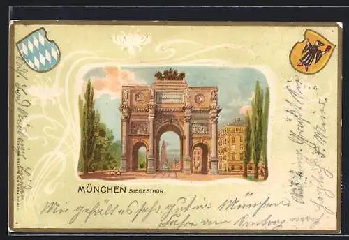 Passepartout-Lithographie München, Das Siegesthor, Stadt- und Landeswappen